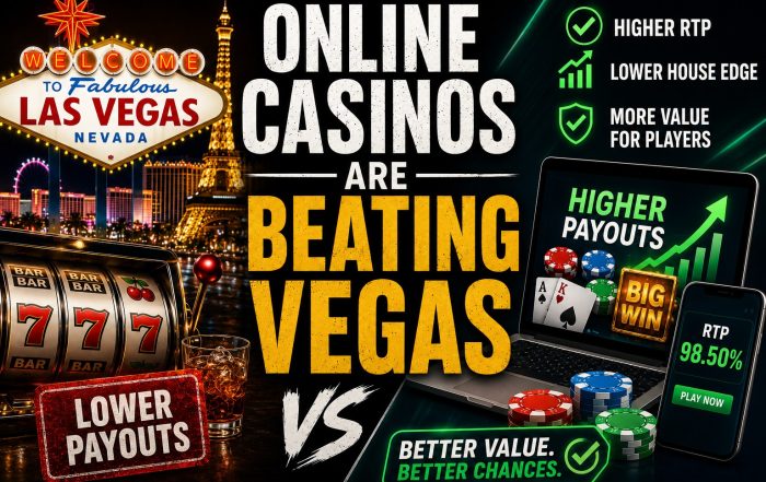 Online casinos offering higher RTP and better payouts compared to Las Vegas casinos, featuring a split-screen comparison between the Las Vegas Strip and digital casino gaming platforms.