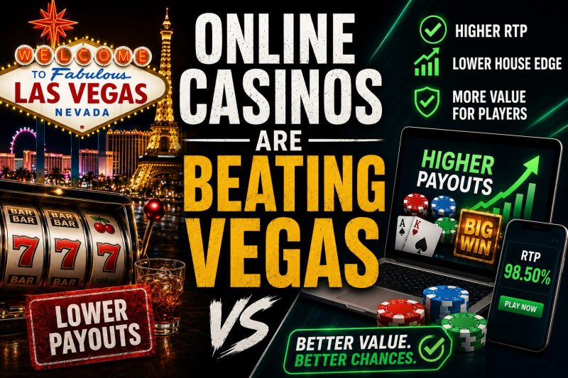 Online casinos offering higher RTP and better payouts compared to Las Vegas casinos, featuring a split-screen comparison between the Las Vegas Strip and digital casino gaming platforms.
