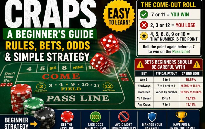 Colorful craps guide infographic showing a casino craps table, rolling dice, casino chips, Pass Line betting area, come-out roll rules, and beginner craps strategy tips including odds, payouts, and house edge information.