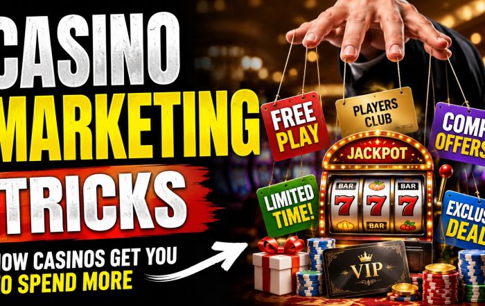 Bright casino marketing thumbnail showing free play, comp offers, players club rewards, VIP perks, and limited-time deals around a slot machine.