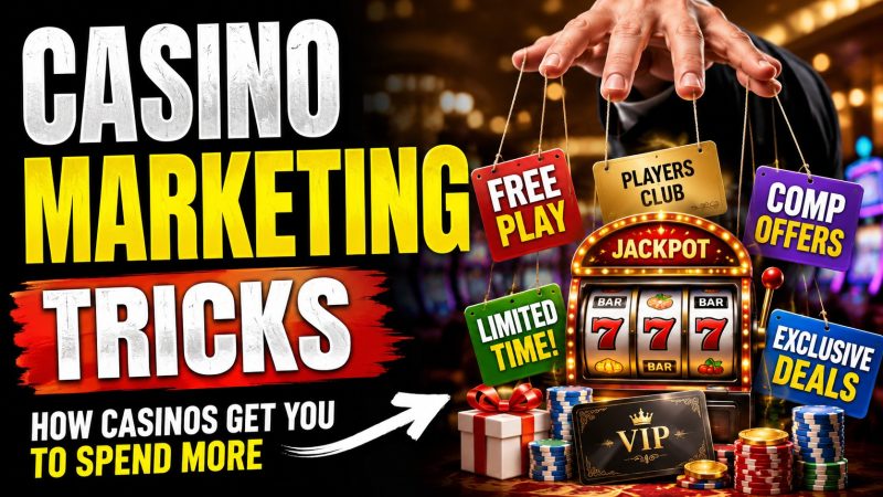 Bright casino marketing thumbnail showing free play, comp offers, players club rewards, VIP perks, and limited-time deals around a slot machine.