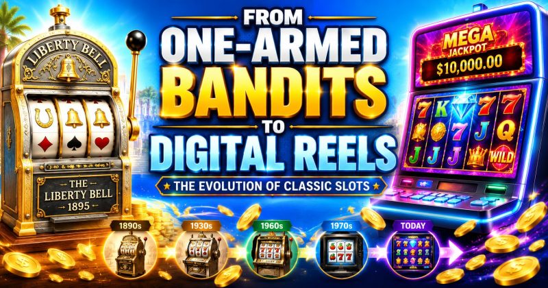 Illustration showing the evolution of slot machines from the 1895 Liberty Bell mechanical slot machine to modern digital video slots, featuring a timeline of slot machine development, gold coins, and classic casino symbols.