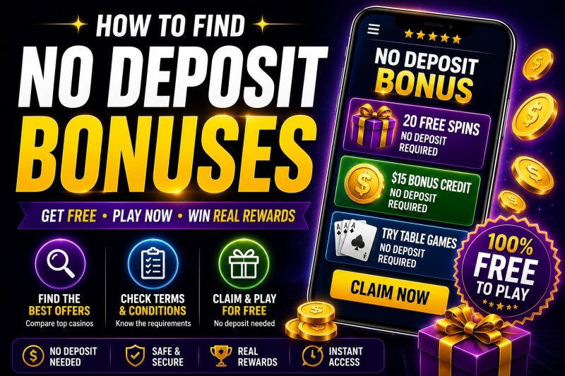 How to find no deposit bonuses featuring a smartphone with free spins, bonus credits, and casino welcome offers. The image illustrates how players can compare no-deposit casino bonuses, review terms and conditions, and claim free promotional offers before making a deposit.