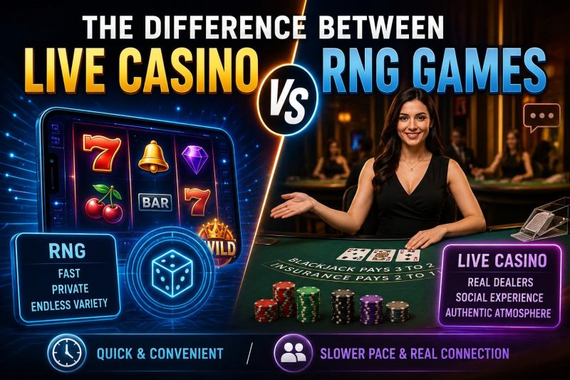 Split-screen comparison of live dealer casino games and RNG casino games showing a real blackjack dealer on one side and digital slot machine graphics on the other.