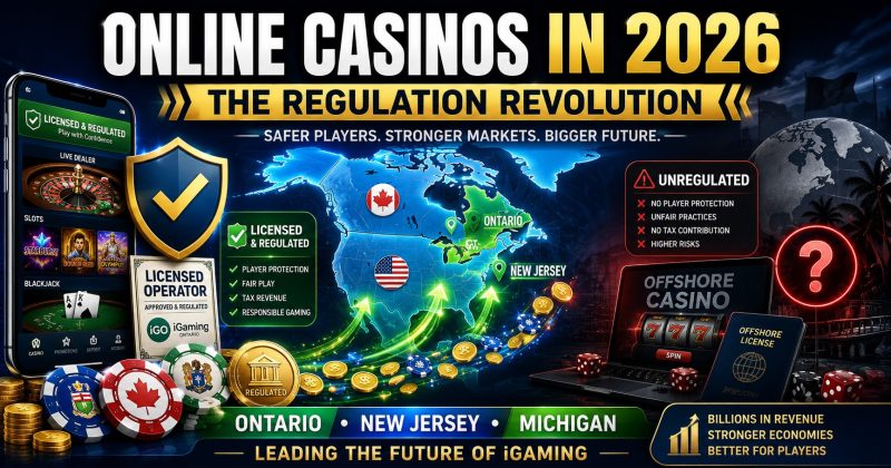 North American online casino regulation infographic showing Ontario, New Jersey, and Michigan as leading regulated iGaming markets, with licensed operators, player protection measures, and growth of legal online gambling in 2026.