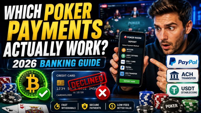 Online poker banking methods in 2026 featuring Bitcoin, USDT, PayPal, ACH transfers, and credit card deposits with a comparison of funding and withdrawal options for U.S. poker players.