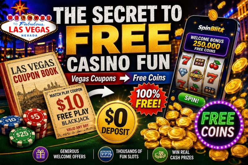 Las Vegas coupon book, match-play coupon, casino chips, and free-coin casino offers displayed on a smartphone, illustrating the transition from traditional Vegas casino promotions to modern free-play sweepstakes casino bonuses.