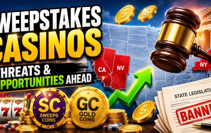 Illustration showing sweepstakes casinos facing growing legal challenges in the United States, featuring a U.S. map with highlighted states, a judge's gavel, sweepstakes coins, a growth arrow, and regulatory documents representing both risks and opportunities for the industry.
