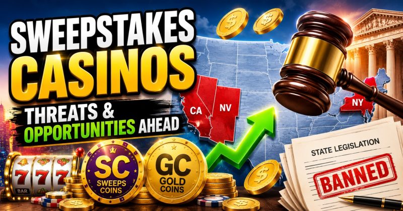 Illustration showing sweepstakes casinos facing growing legal challenges in the United States, featuring a U.S. map with highlighted states, a judge's gavel, sweepstakes coins, a growth arrow, and regulatory documents representing both risks and opportunities for the industry.