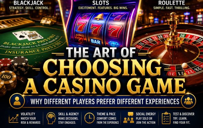 Blackjack table, slot machine, and roulette wheel representing different casino gaming experiences and player preferences.