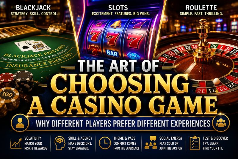 Blackjack table, slot machine, and roulette wheel representing different casino gaming experiences and player preferences.