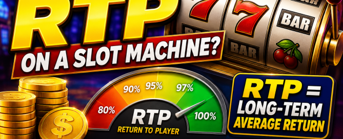 Illustration explaining RTP (Return to Player) on a slot machine, featuring a slot reel, RTP percentage gauge, gold coins, and graphics showing how RTP relates to long-term average returns and slot volatility.