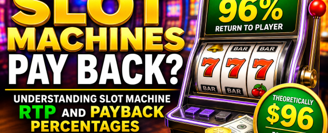 Illustration of a casino slot machine showing a 96% RTP (Return to Player) explaining how much slot machines theoretically pay back over the long run.