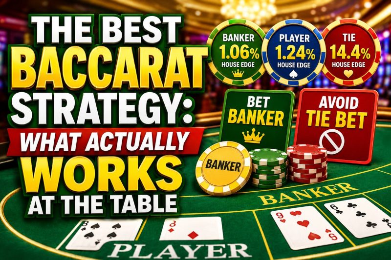 Illustration of a baccarat table showing the best baccarat strategy, comparing Banker, Player, and Tie house edges, with advice to bet Banker and avoid the Tie bet.