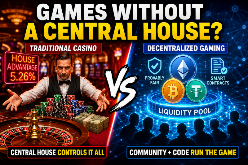 Split illustration comparing a traditional casino with a decentralized blockchain casino, showing a dealer and roulette wheel on one side and smart contracts, cryptocurrency, and a liquidity pool on the other to illustrate how games can operate without a central house.
