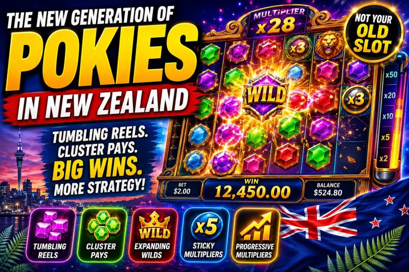 Colorful illustration of a modern New Zealand pokie game featuring tumbling reels, cluster pays, wild symbols, multipliers, and progressive bonus features, showing how today's digital pokies differ from traditional slot machines.