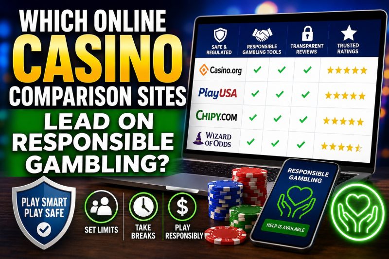 Laptop displaying online casino comparison sites with responsible gambling ratings, safety features, and trusted review criteria.