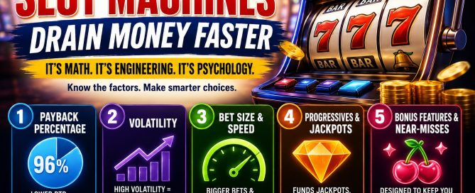 Illustration showing why some slot machines drain money faster, highlighting RTP, volatility, bet size, jackpots, and bonus features that affect how quickly a bankroll is spent.