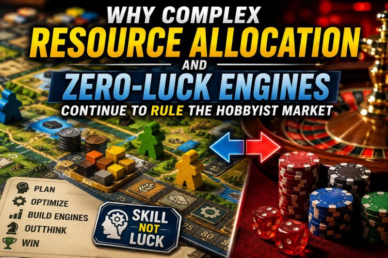 Strategic Eurogame board with resource tokens and player pieces beside casino chips and dice, illustrating the contrast between skill-based resource management games and luck-based games.