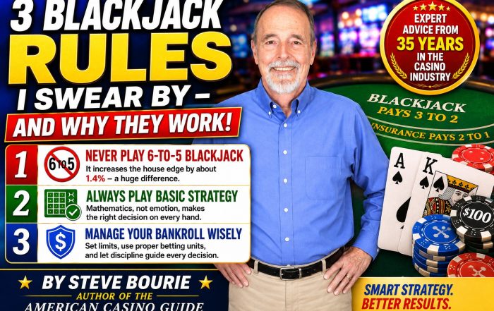 Featured image for an article by Steve Bourie showing him standing beside a blackjack table graphic with the headline "3 Blackjack Rules I Swear By – And Why They Work!" The image highlights three essential blackjack rules: never play 6-to-5 blackjack, always use basic strategy, and manage your bankroll wisely, with a badge noting Steve Bourie's 35 years in the casino industry.