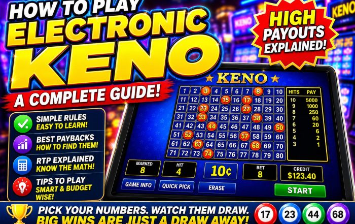 Illustration of an electronic keno machine showing an 80-number game grid, paytable, and betting controls with the headline "How to Play Electronic Keno Machines: A Complete Guide" against a bright casino background.
