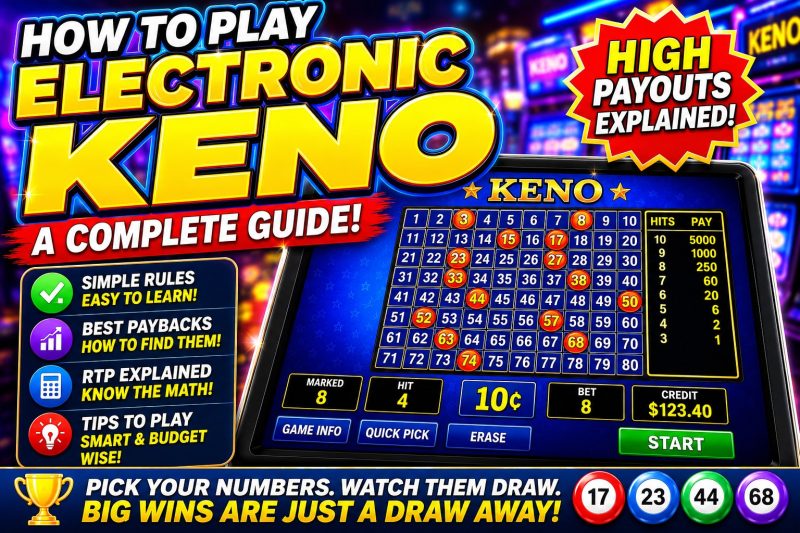Illustration of an electronic keno machine showing an 80-number game grid, paytable, and betting controls with the headline "How to Play Electronic Keno Machines: A Complete Guide" against a bright casino background.