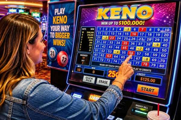 Player using an electronic keno machine in a casino, selecting numbers on a touchscreen while colorful gaming machines glow in the background.
