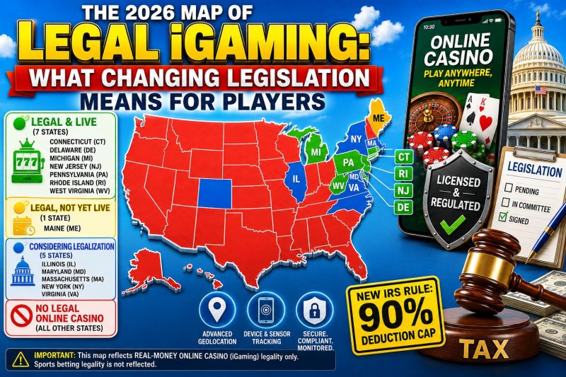 Color-coded U.S. map showing the legal status of real-money online casino iGaming in 2026, highlighting states with live online casinos, pending legalization, states considering legalization, and states where online casino gaming remains illegal.