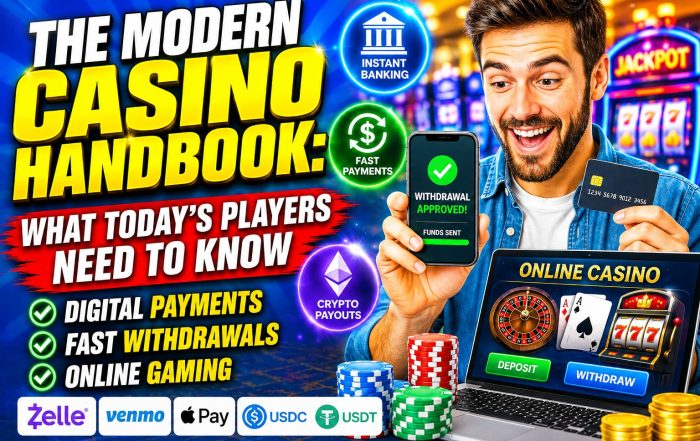 Bright promotional illustration for The Modern Casino Handbook showing a player receiving an approved online casino withdrawal on a smartphone alongside digital payment methods, instant banking, crypto payouts, and an online casino interface with chips, cards, and slot machines in the background.
