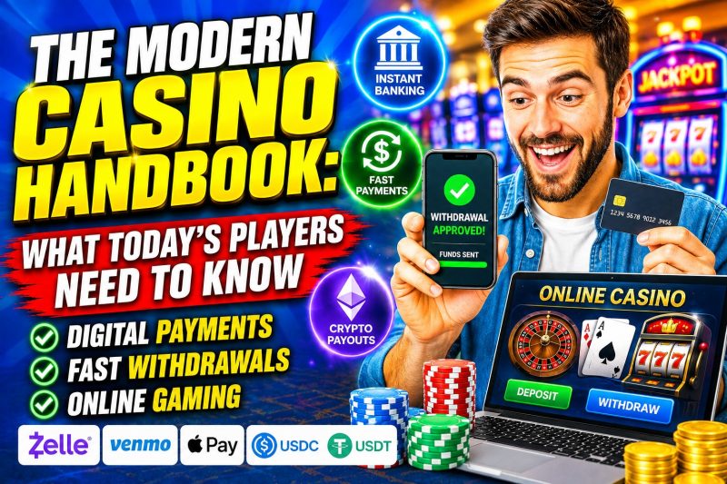 Bright promotional illustration for The Modern Casino Handbook showing a player receiving an approved online casino withdrawal on a smartphone alongside digital payment methods, instant banking, crypto payouts, and an online casino interface with chips, cards, and slot machines in the background.