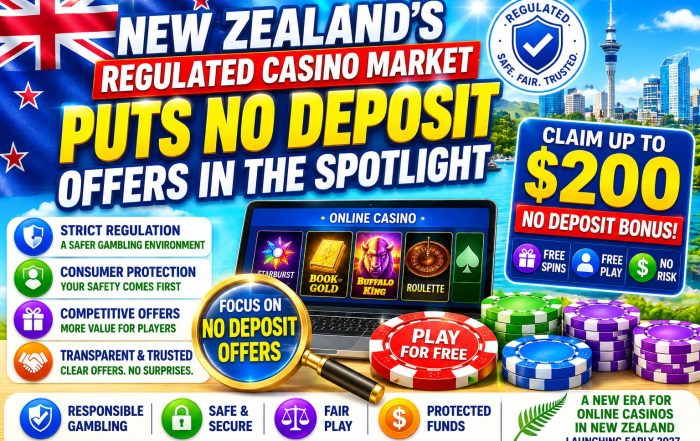 Illustration of New Zealand's new regulated online casino market featuring no deposit bonus offers, a $200 promotional bonus, consumer protection, responsible gambling, and regulated online casino branding against an Auckland skyline and New Zealand flag background.