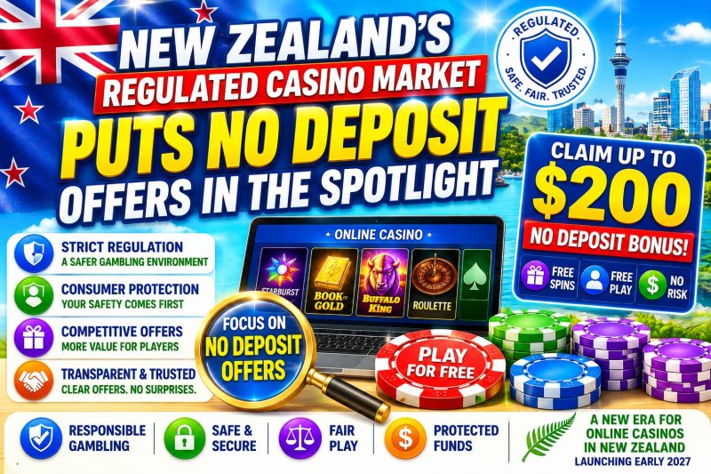 Illustration of New Zealand's new regulated online casino market featuring no deposit bonus offers, a $200 promotional bonus, consumer protection, responsible gambling, and regulated online casino branding against an Auckland skyline and New Zealand flag background.